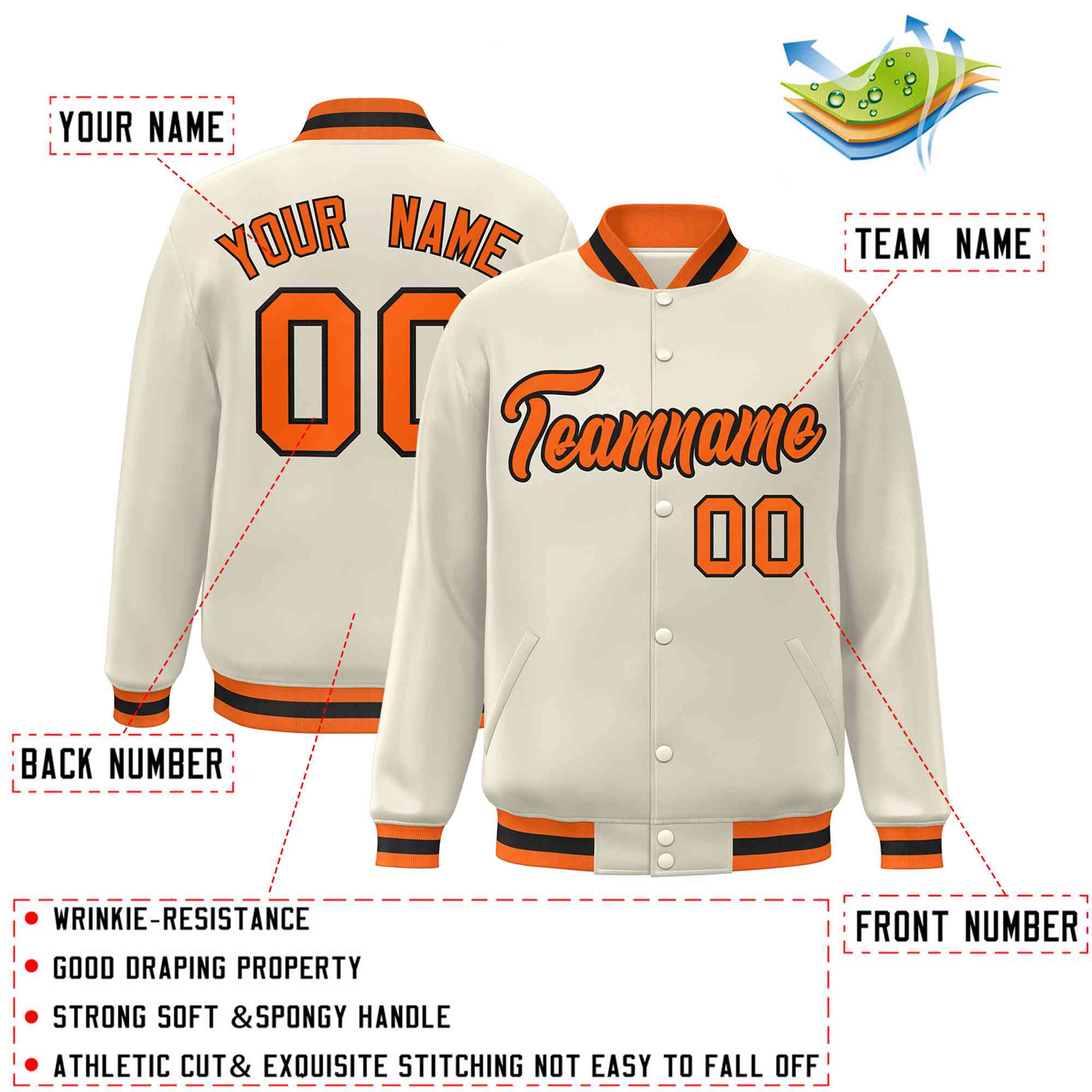 Custom Khaki Orange-Black Classic Style Varsity Full-Snap Letterman Jacket