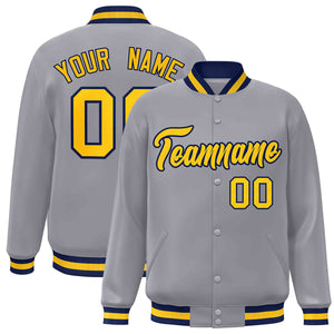 Custom Gray Gold-Navy Classic Style Varsity Full-Snap Letterman Jacket