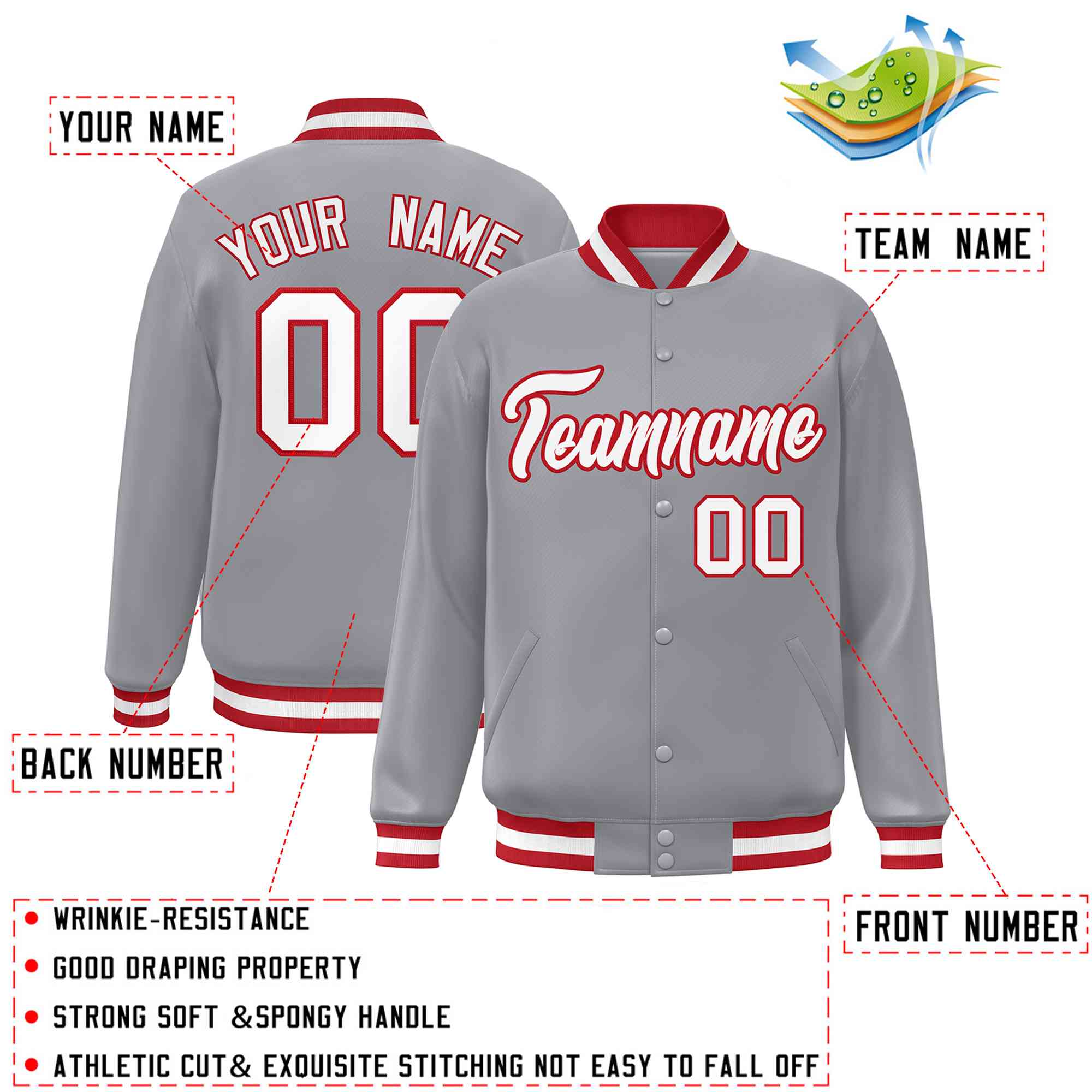 Custom Gray White-Red Classic Style Varsity Full-Snap Letterman Jacket