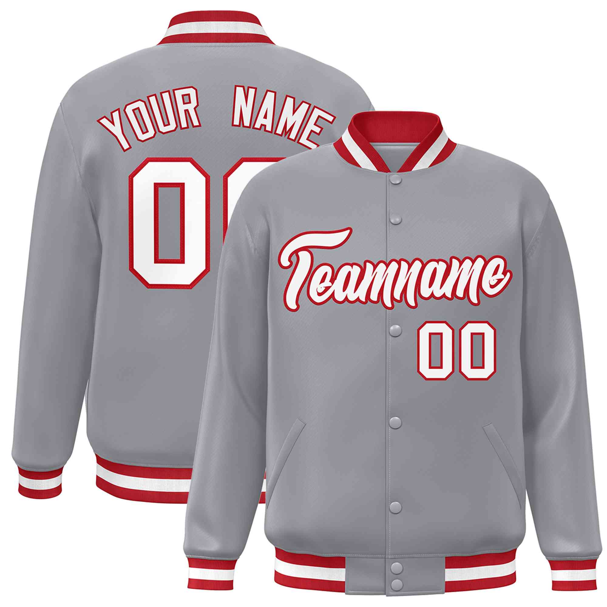 Custom Gray White-Red Classic Style Varsity Full-Snap Letterman Jacket