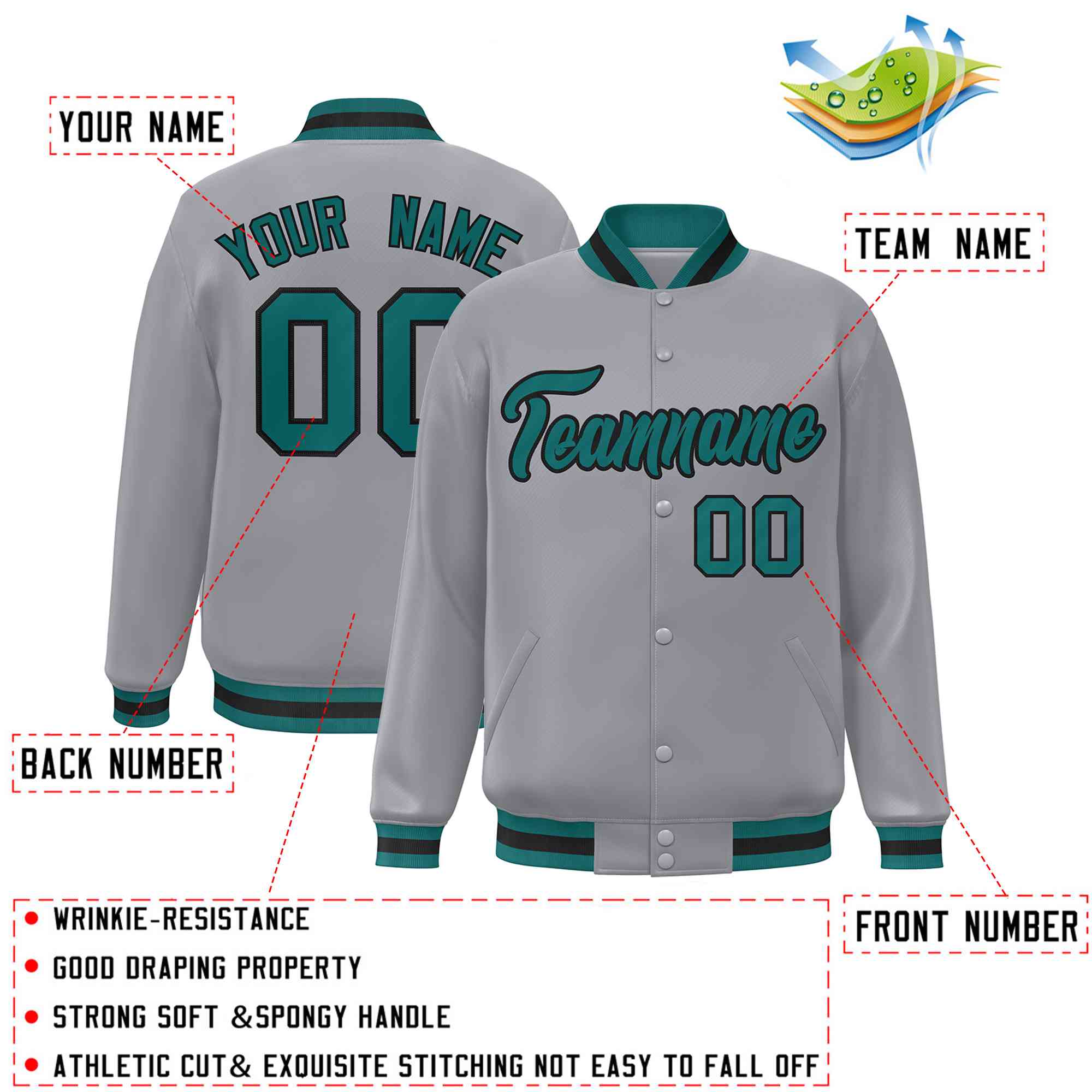 Custom Gray Aqua-Black Classic Style Varsity Full-Snap Letterman Jacket