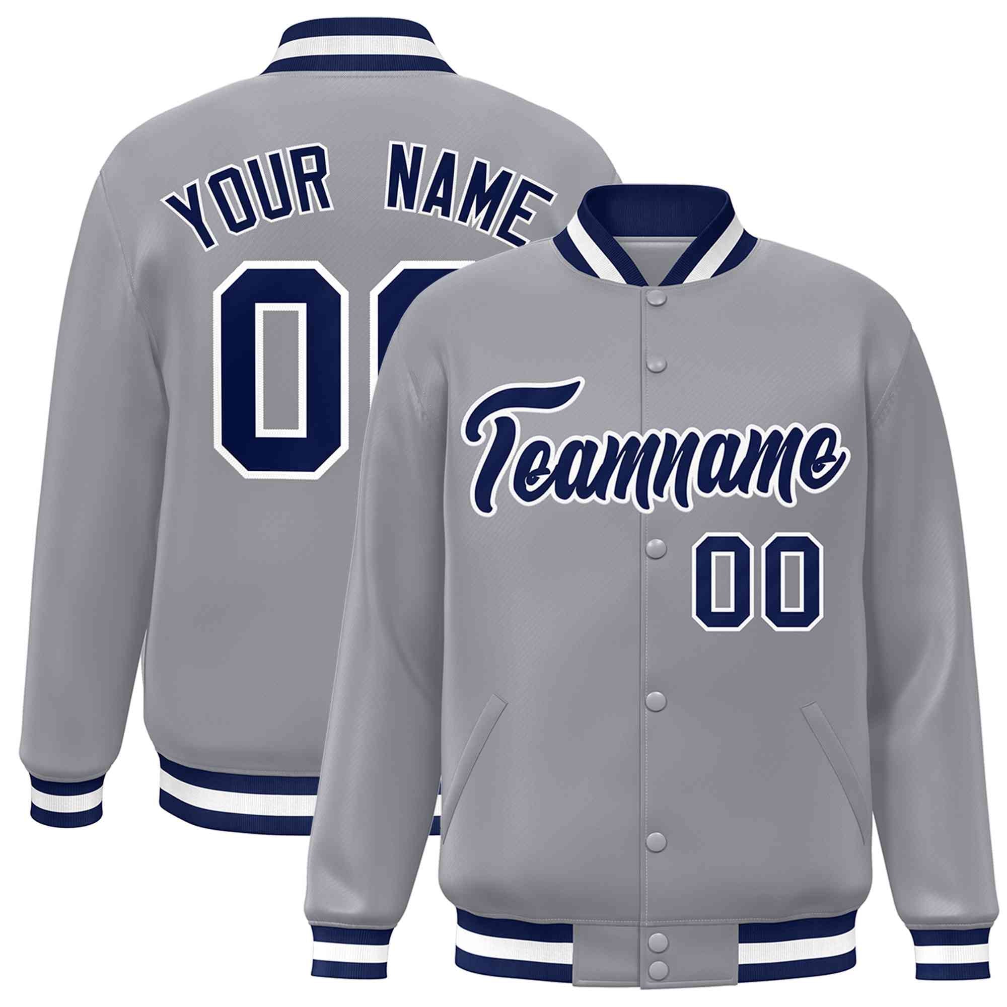 Custom Gray Navy-White Classic Style Varsity Full-Snap Letterman Jacket