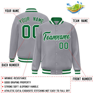 Custom Gray Green-White Classic Style Varsity Full-Snap Letterman Jacket