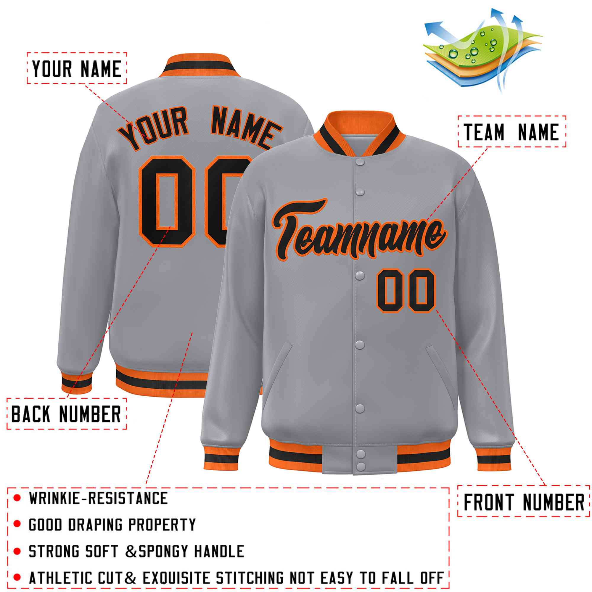 Custom Gray Black-Orange Classic Style Varsity Full-Snap Letterman Jacket