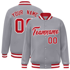 Custom Gray Red-White Classic Style Varsity Full-Snap Letterman Jacket