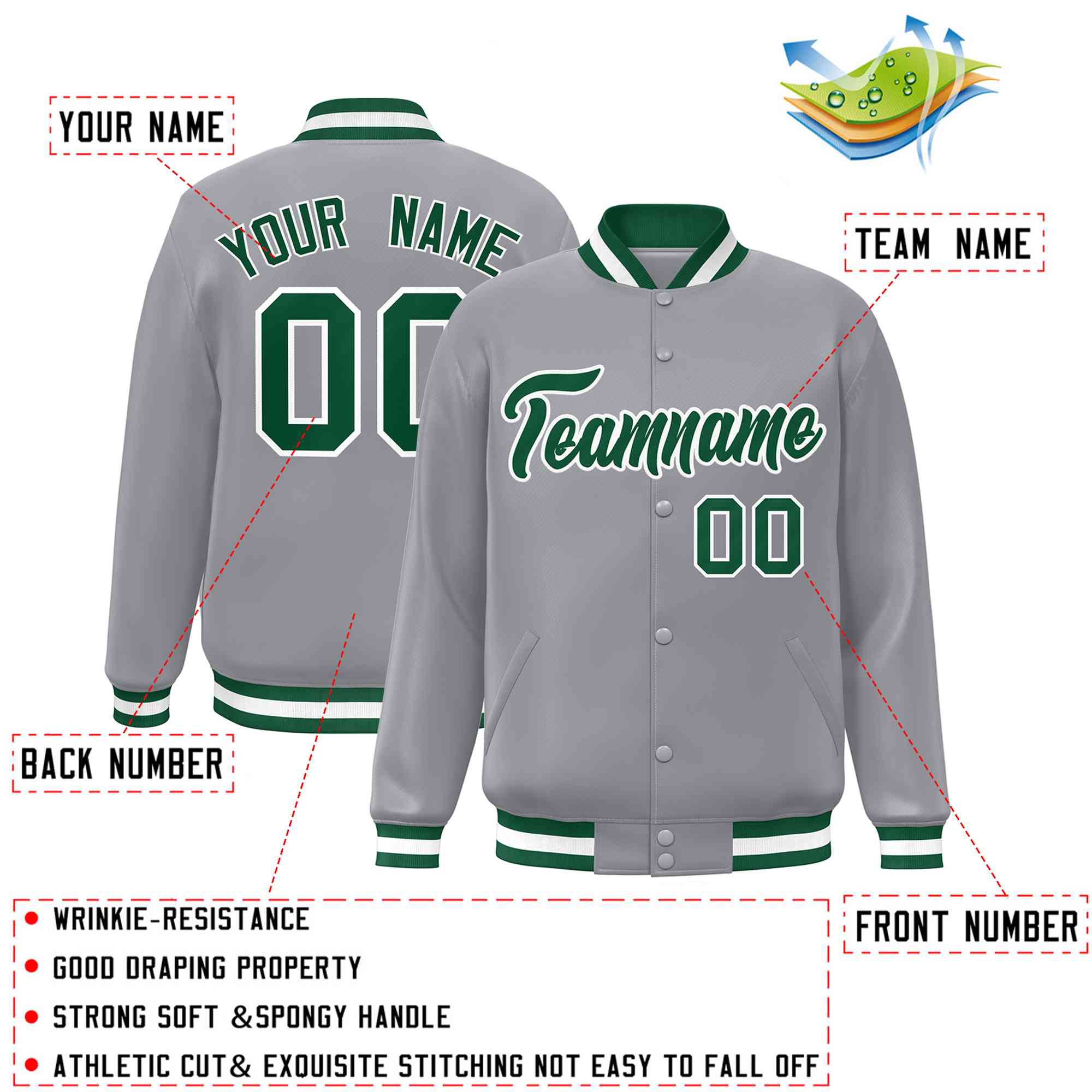 Custom Gray Green-White Classic Style Varsity Full-Snap Letterman Jacket