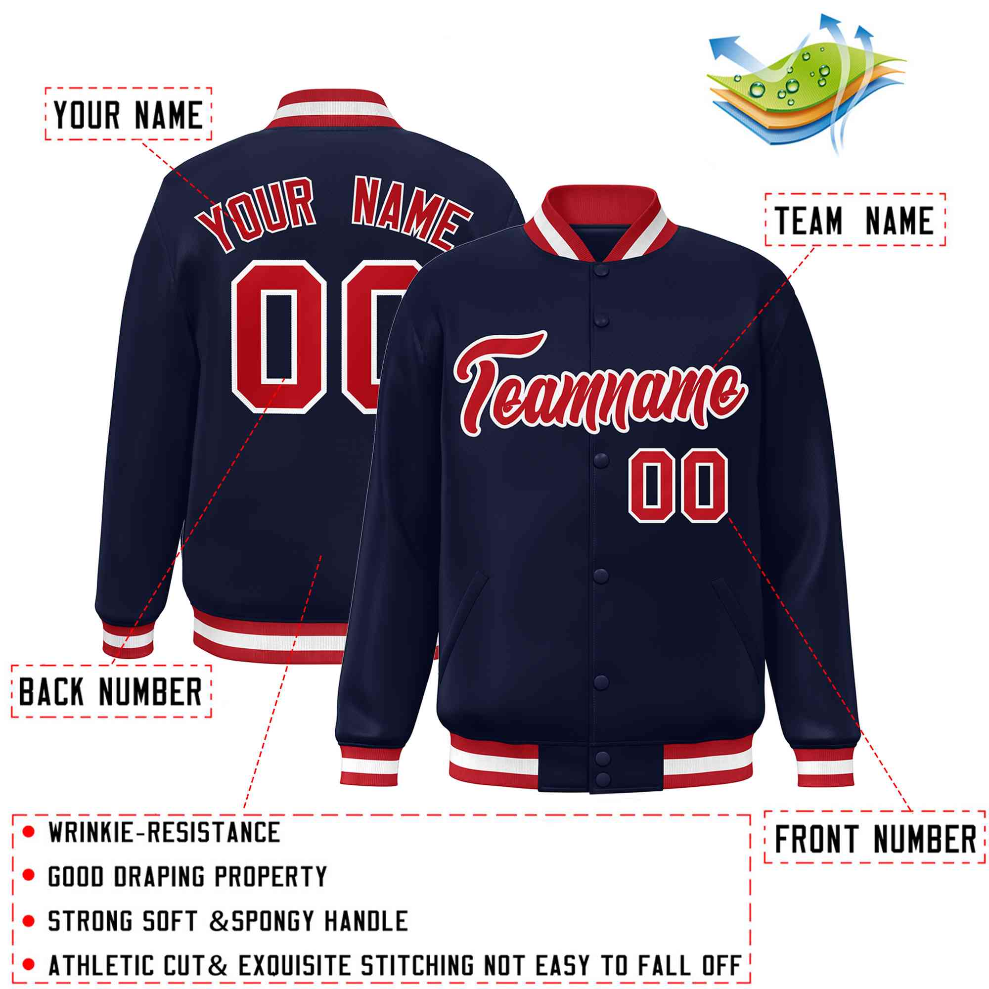 Custom Navy Red-White Classic Style Varsity Full-Snap Letterman Jacket