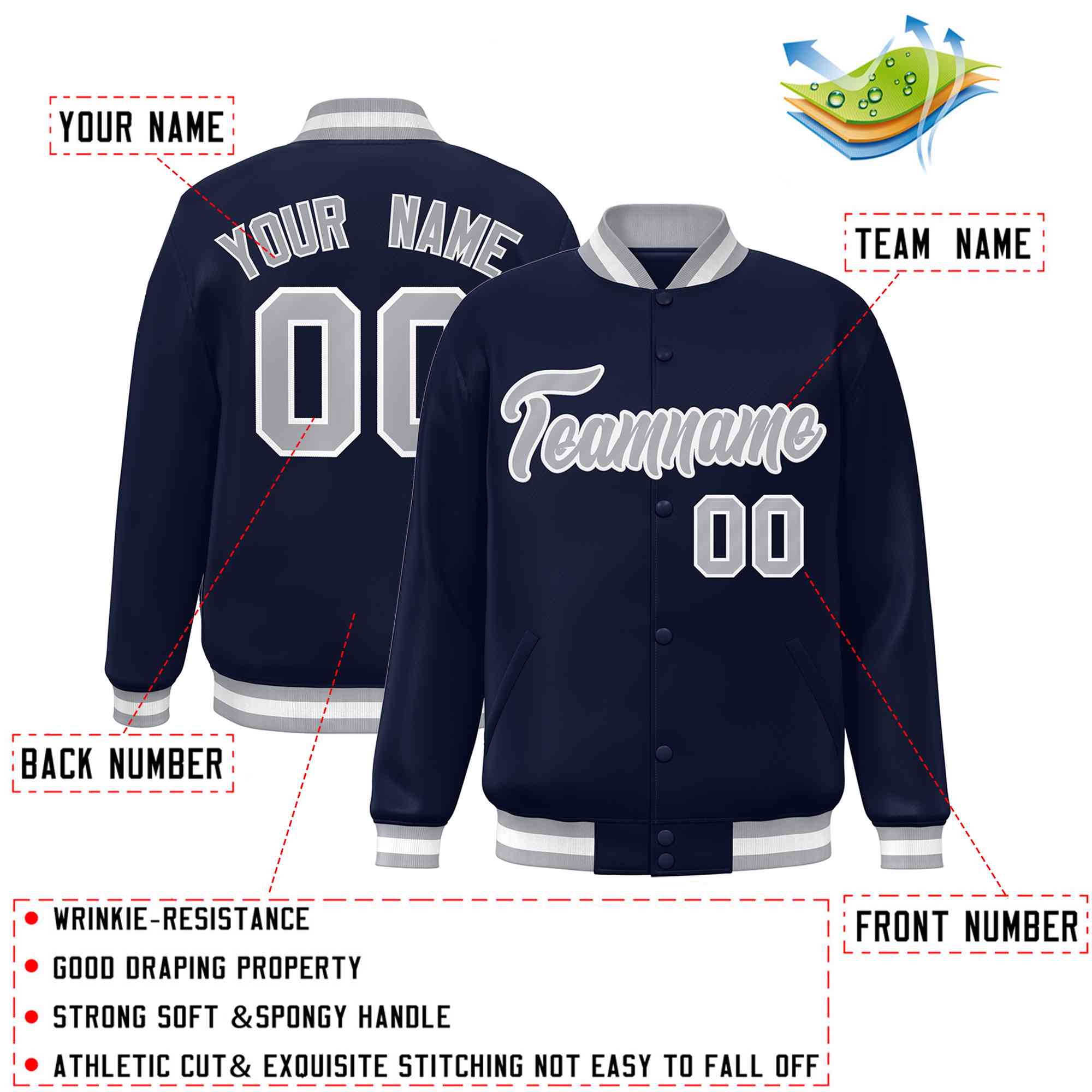 Custom Navy Gray-White Classic Style Varsity Full-Snap Letterman Jacket