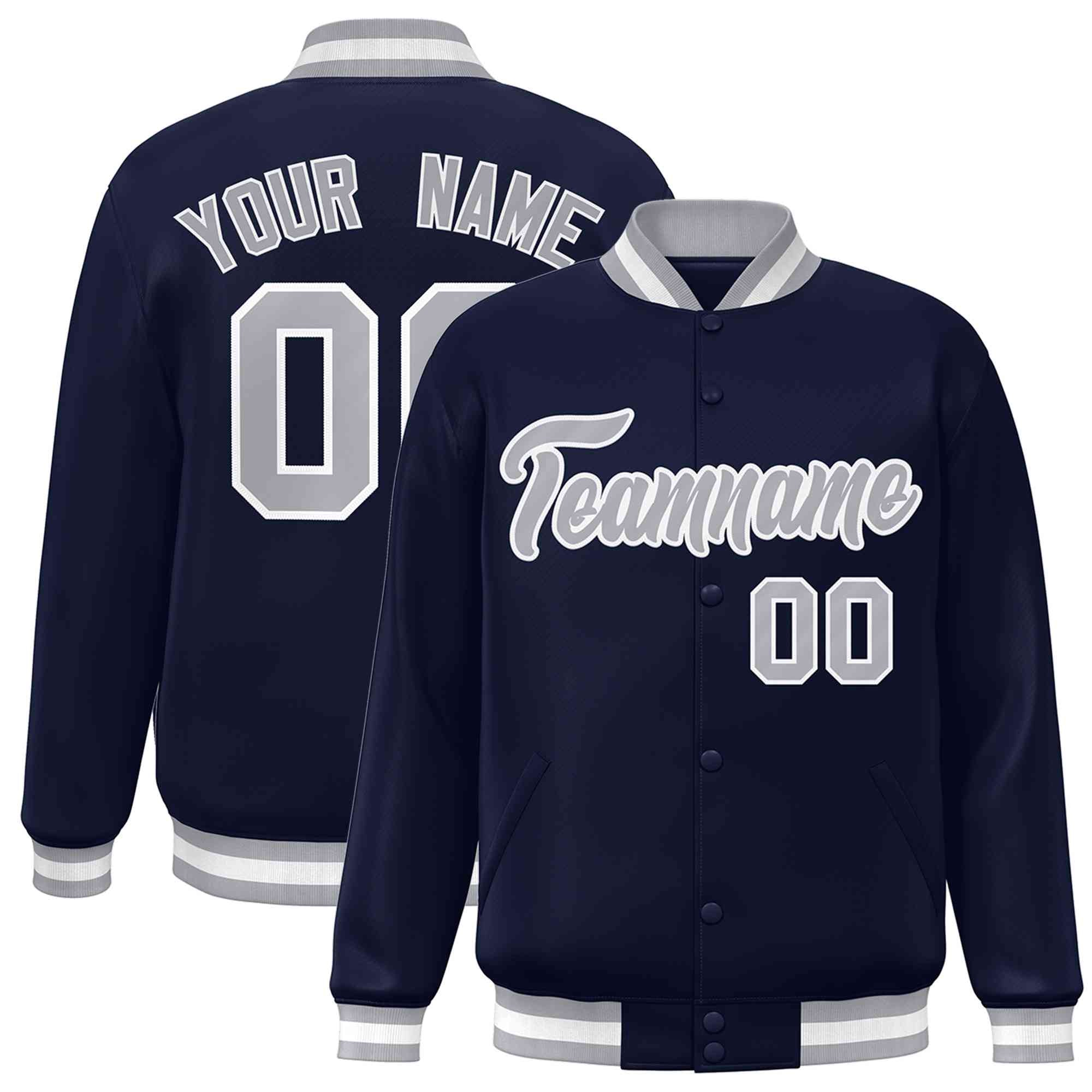 Custom Navy Gray-White Classic Style Varsity Full-Snap Letterman Jacket