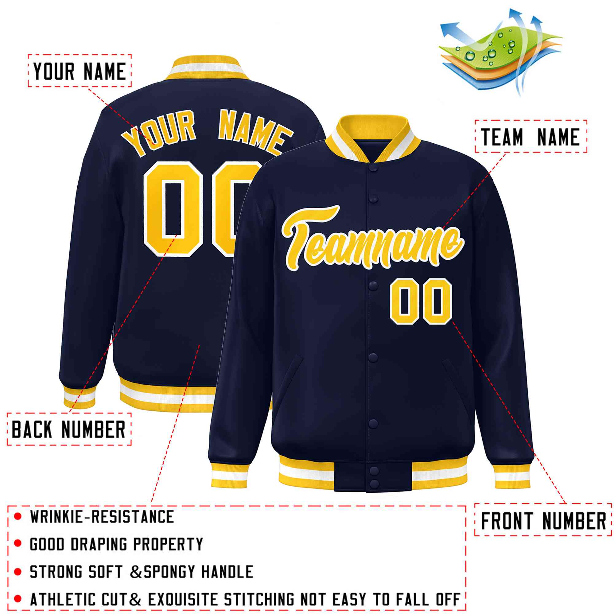 Custom Navy Gold-White Classic Style Varsity Full-Snap Letterman Jacket