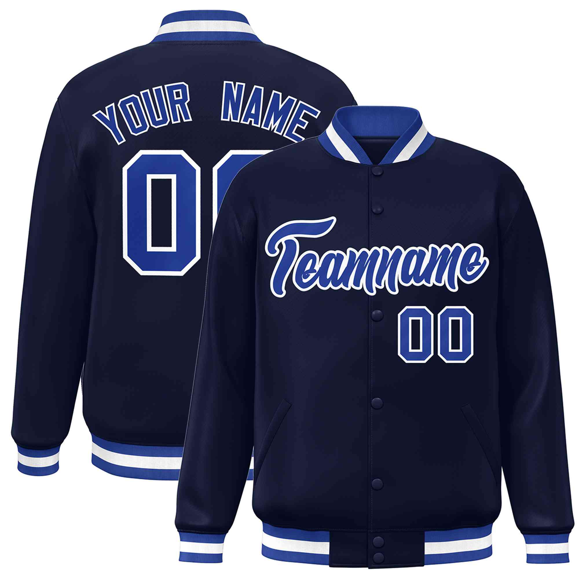 Custom Navy Royal-White Classic Style Varsity Full-Snap Letterman Jacket