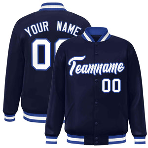 Custom Navy White-Royal Classic Style Varsity Full-Snap Letterman Jacket