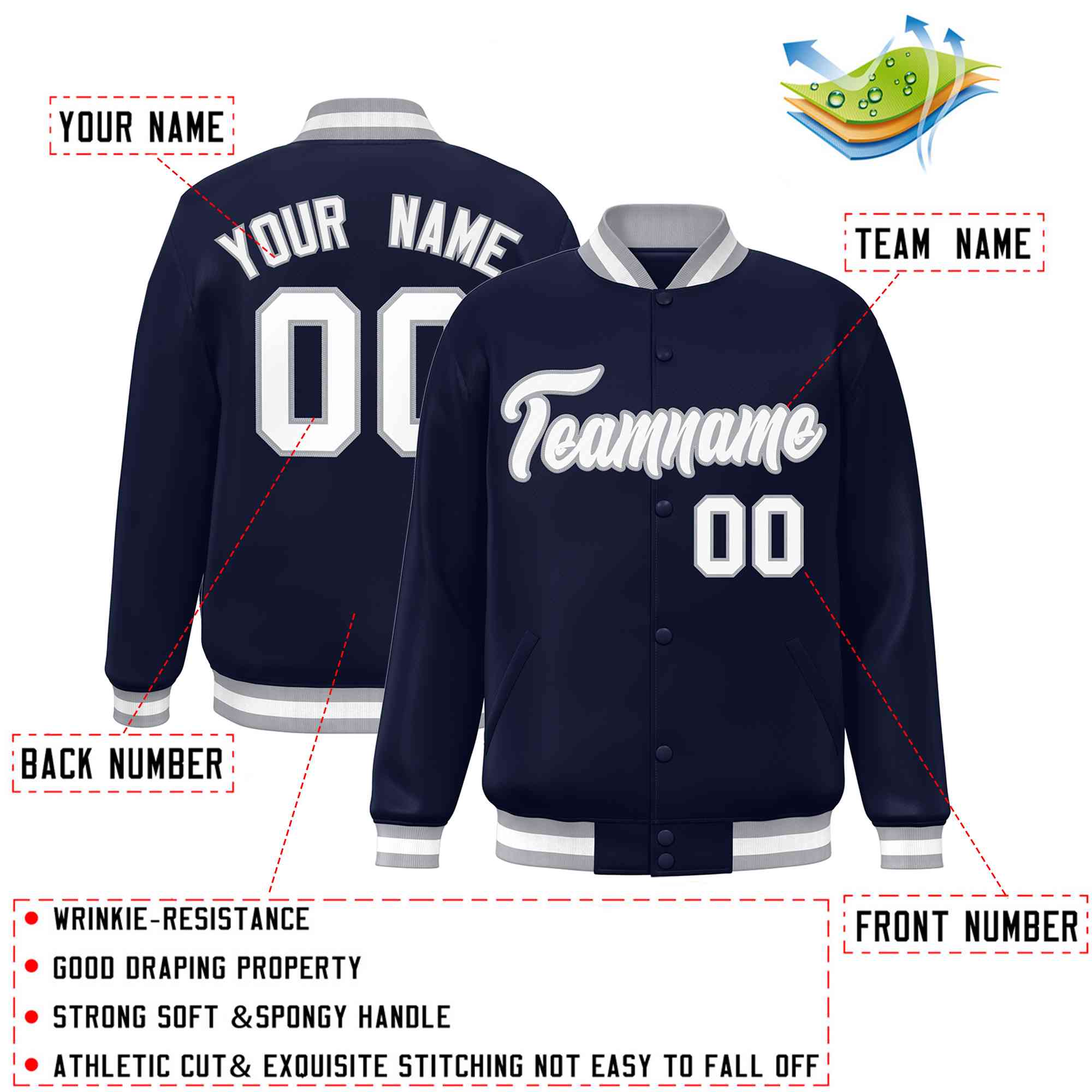 Custom Navy White-Gray Classic Style Varsity Full-Snap Letterman Jacket