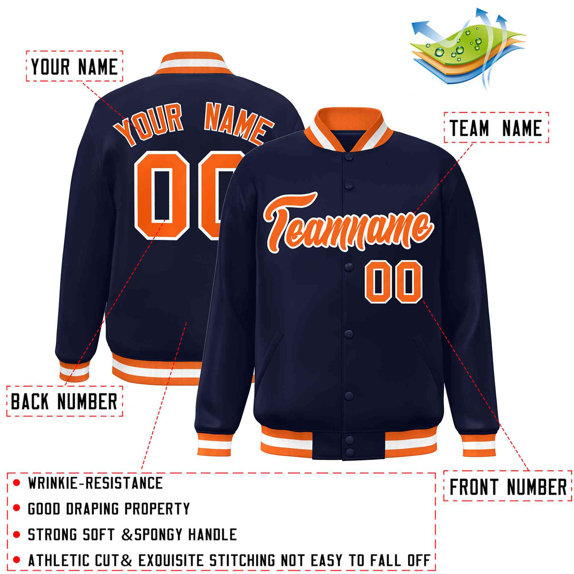 Custom Navy Orange-White Classic Style Varsity Full-Snap Letterman Jacket