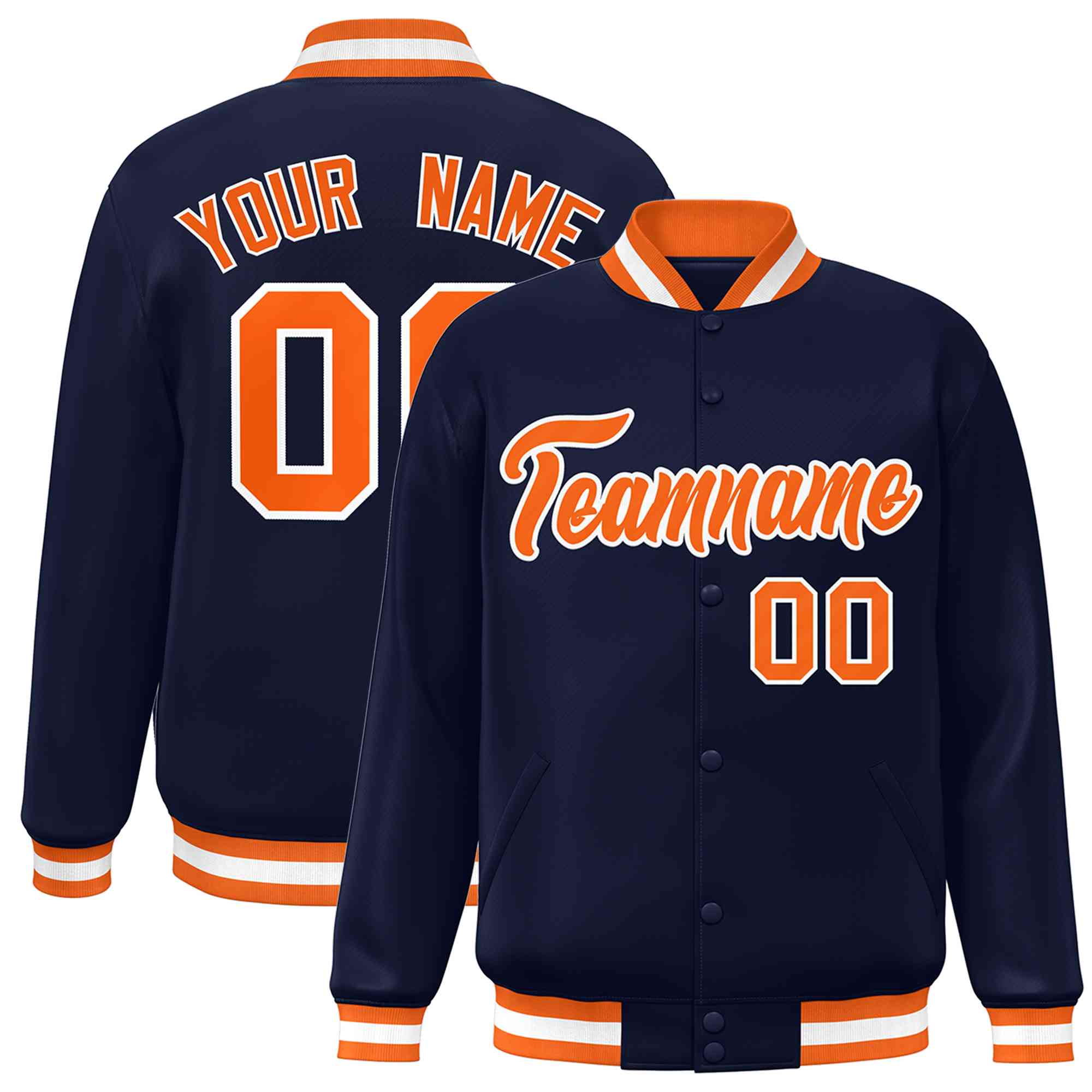 Custom Navy Orange-White Classic Style Varsity Full-Snap Letterman Jacket