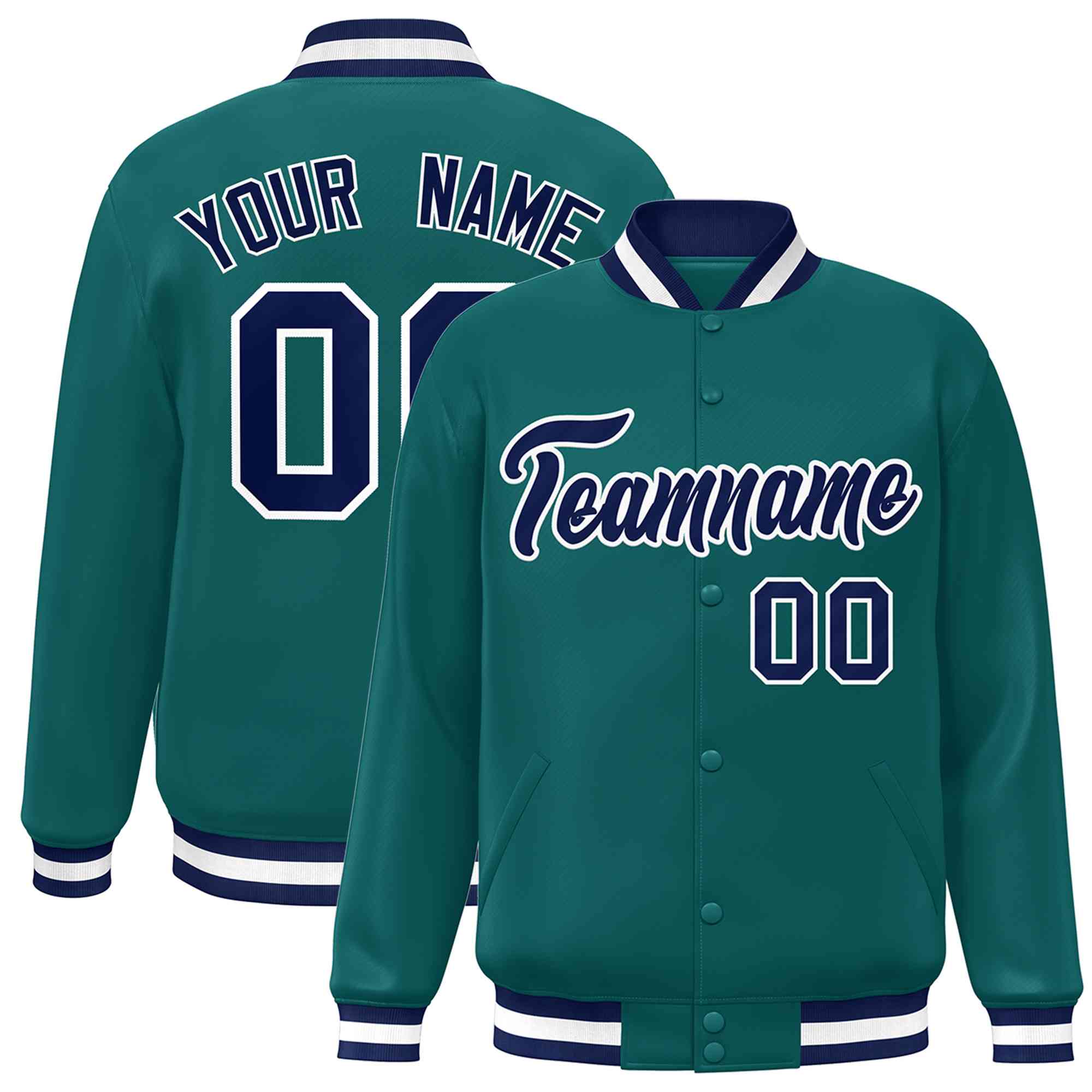 Custom Aqua Navy-White Classic Style Varsity Full-Snap Letterman Jacket