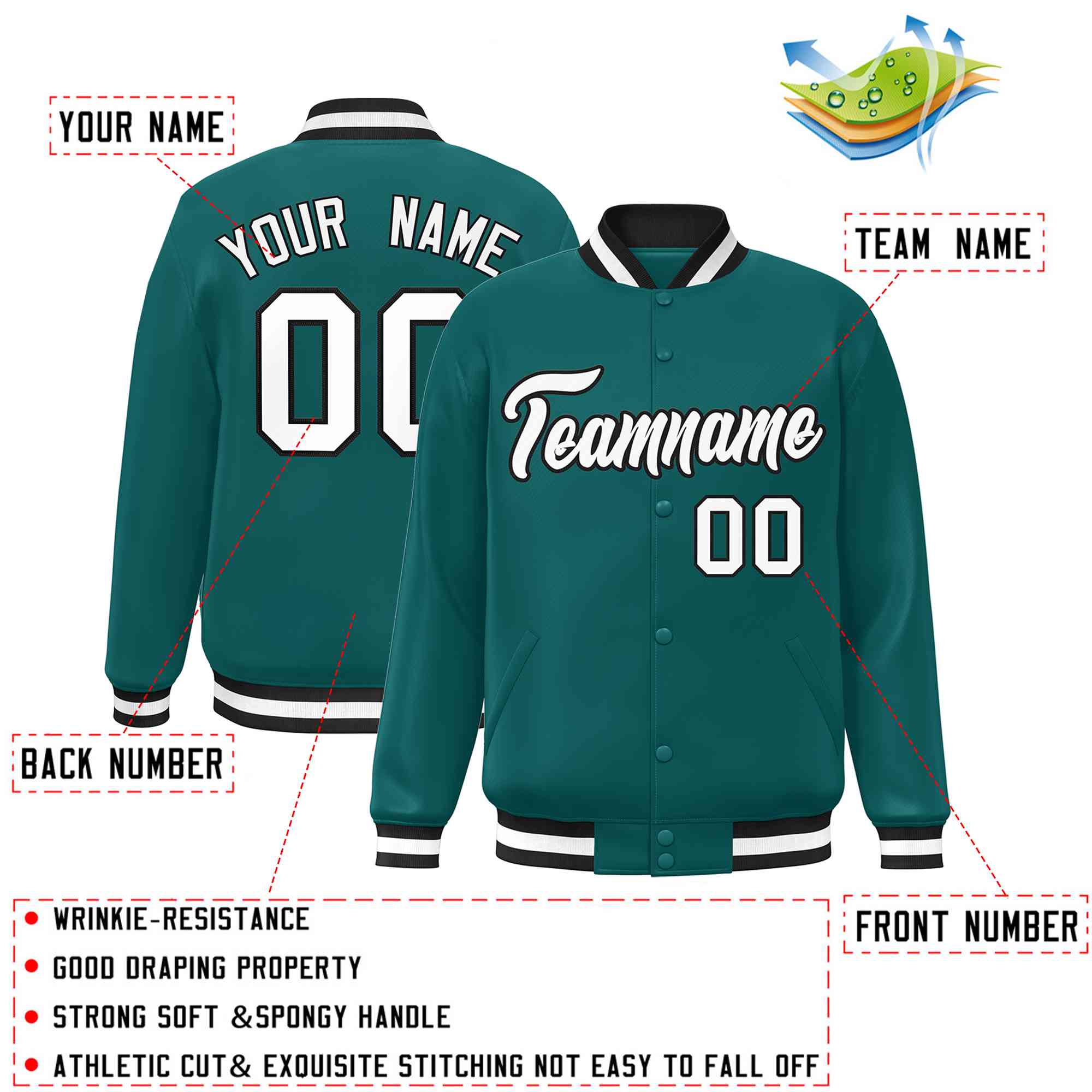 Custom Aqua White-Black Classic Style Varsity Full-Snap Letterman Jacket