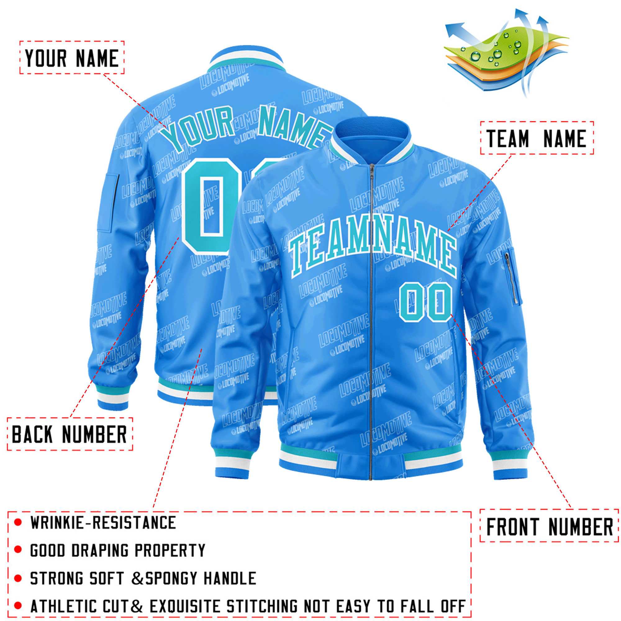 Custom Powder Blue Sky Blue-White Letter Full-Zip Varsity Bomber Jacket