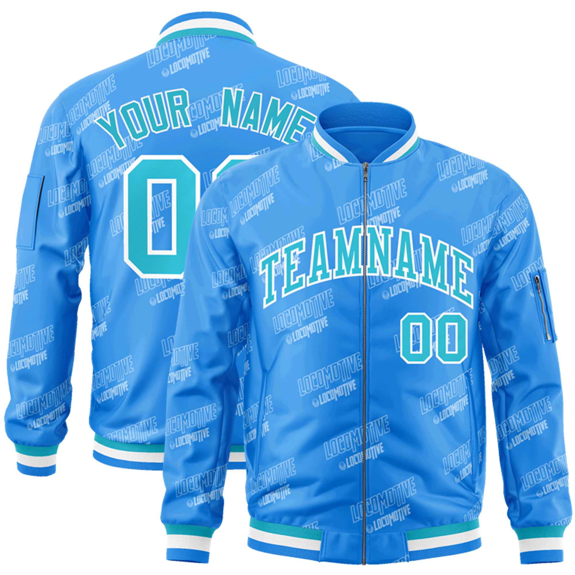 Custom Powder Blue Sky Blue-White Letter Full-Zip Varsity Bomber Jacket