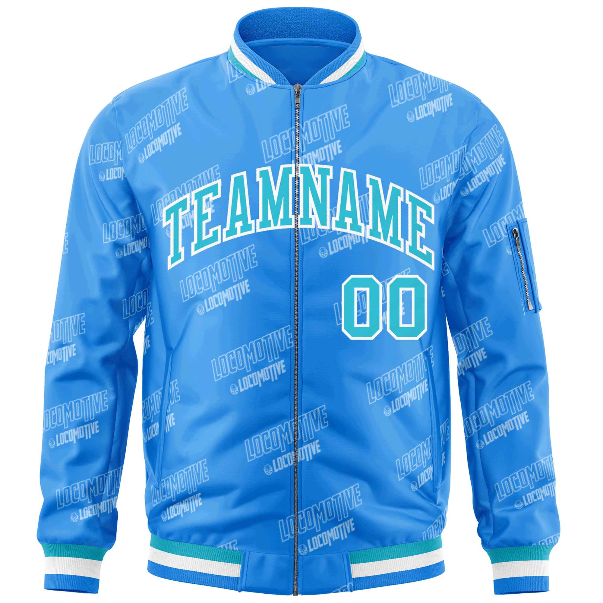 Custom Powder Blue Sky Blue-White Letter Full-Zip Varsity Bomber Jacket