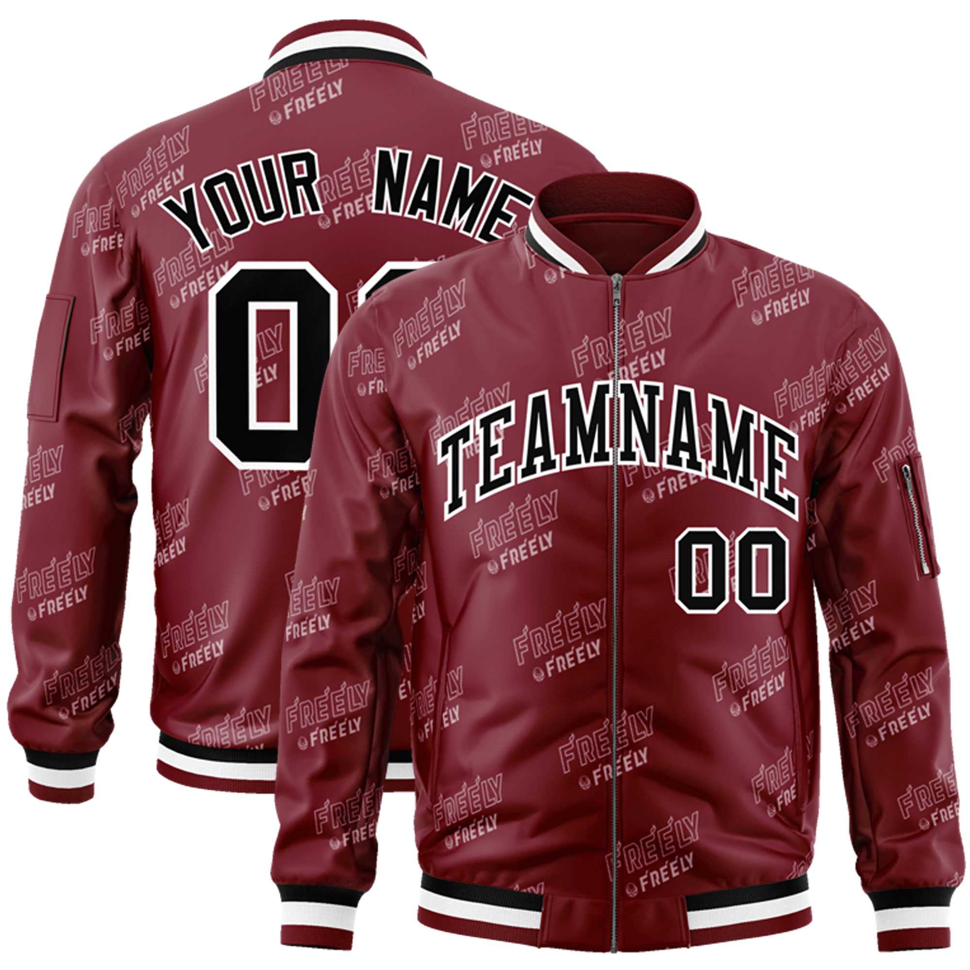 Custom Crimson Black-White Letter Full-Zip Varsity Bomber Jacket