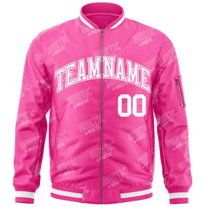 Custom Pink White Letter Full-Zip Varsity Bomber Jacket