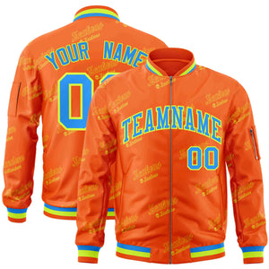 Custom Orange Powder Blue-Neon Green Letter Full-Zip Varsity Bomber Jacket