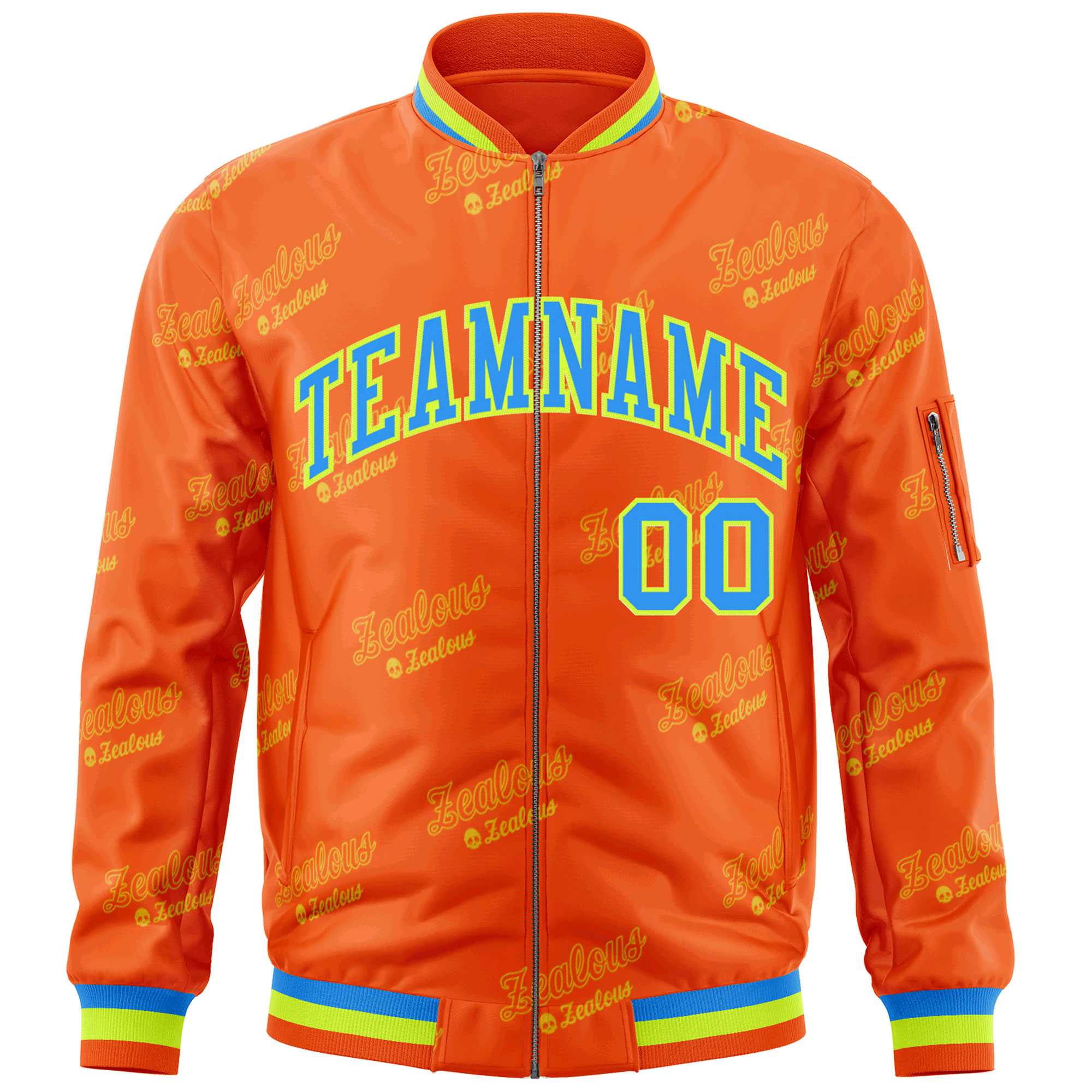 Custom Orange Powder Blue-Neon Green Letter Full-Zip Varsity Bomber Jacket