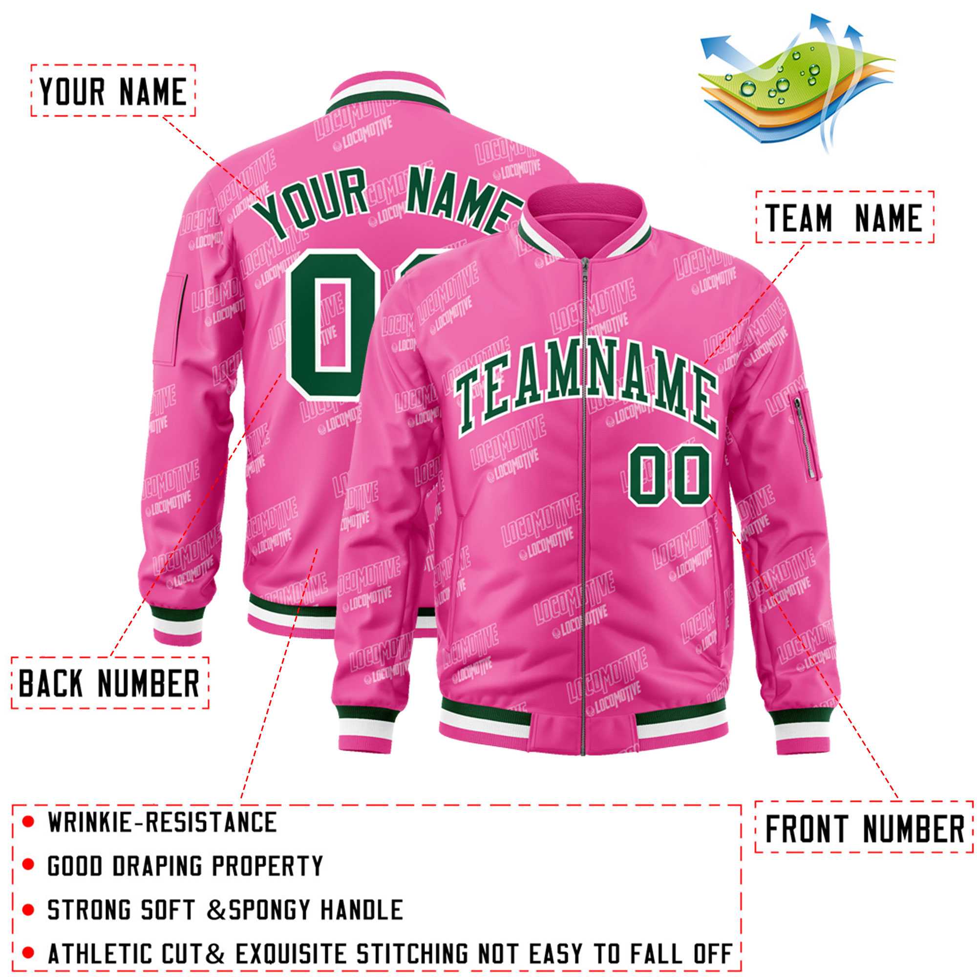 Custom Pink Green-White Letter Full-Zip Varsity Bomber Jacket