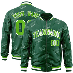 Custom Green White Letter Full-Zip Varsity Bomber Jacket