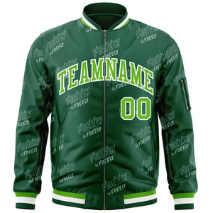 Custom Green White Letter Full-Zip Varsity Bomber Jacket