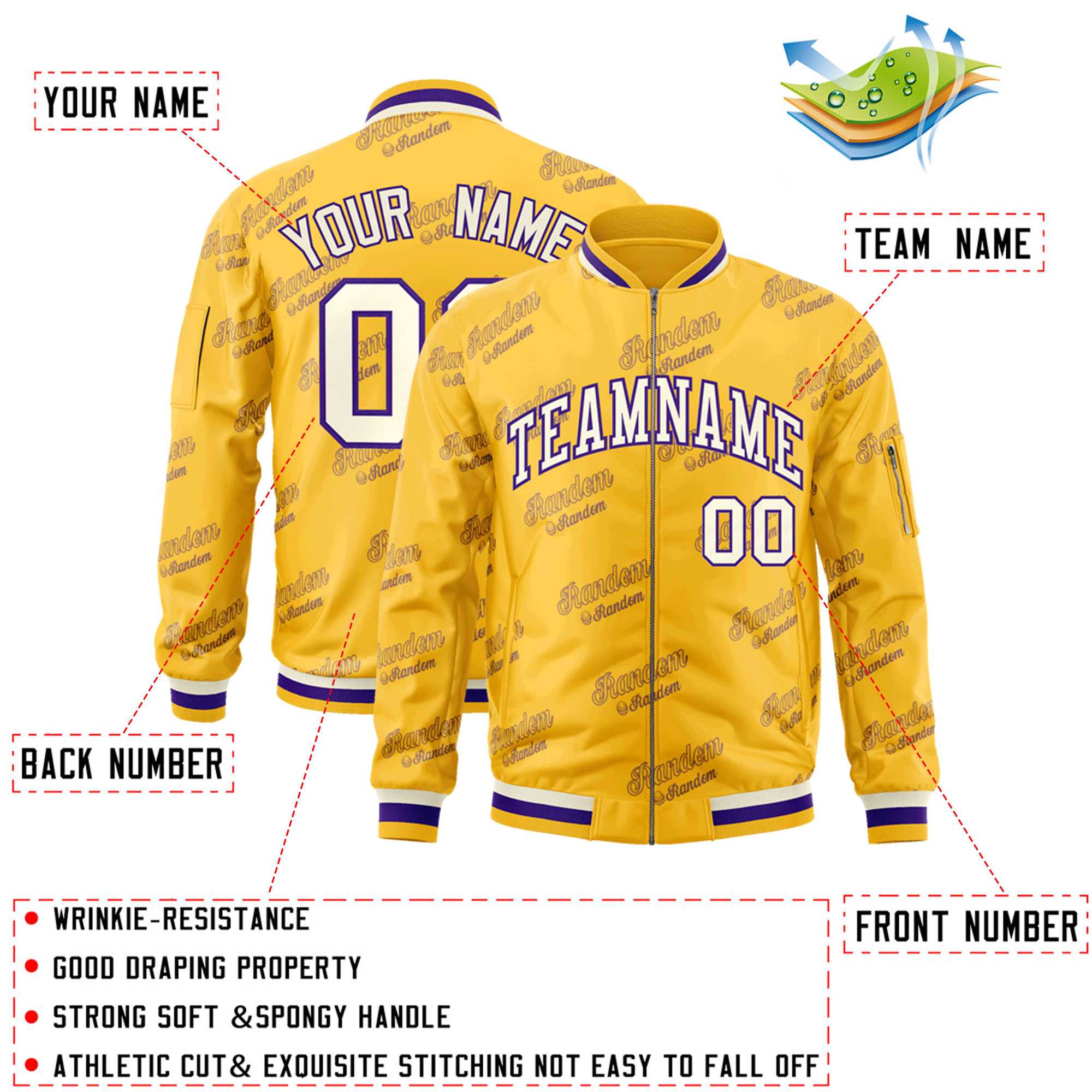 Custom Gold Cream-Purple Letter Full-Zip Varsity Bomber Jacket