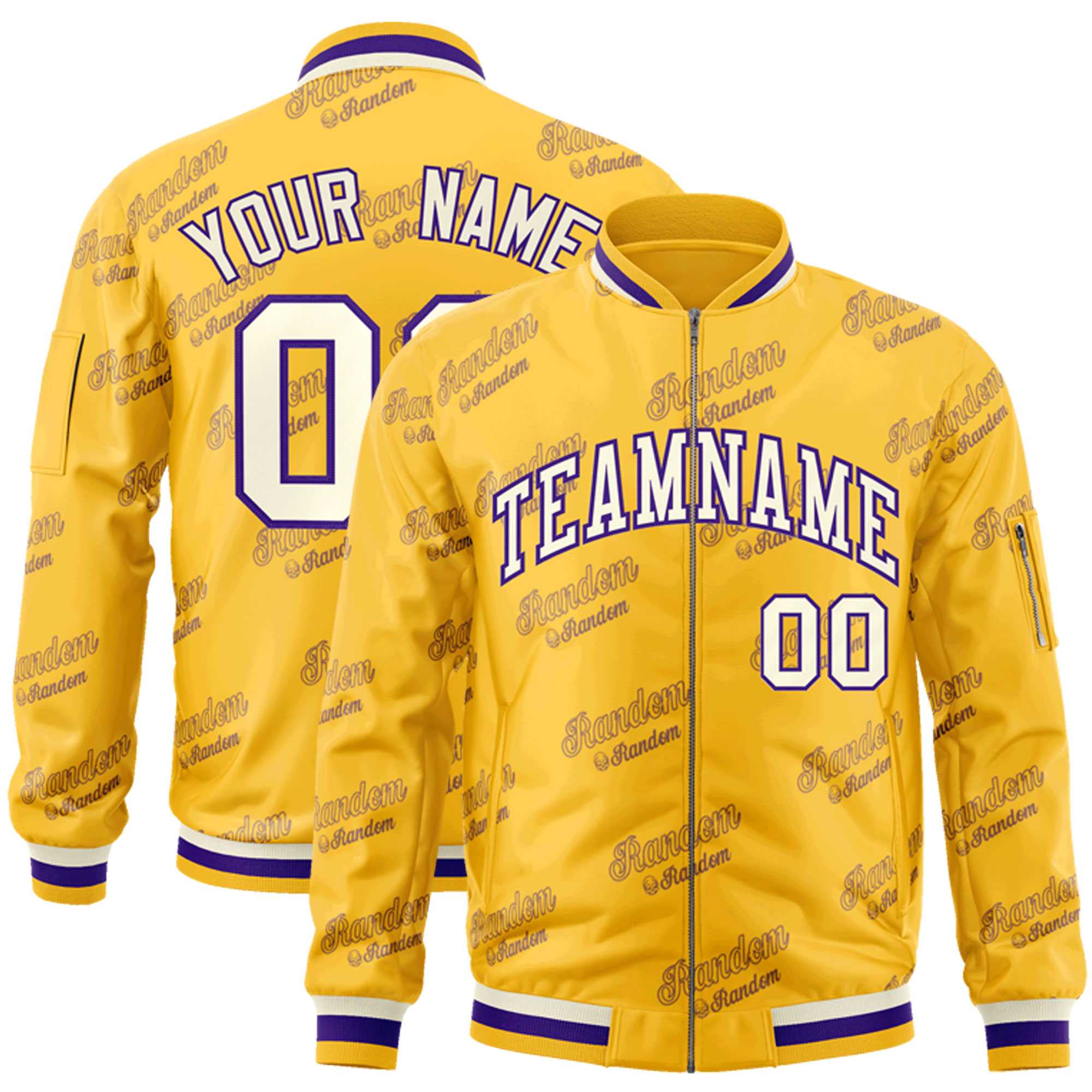 Custom Gold Cream-Purple Letter Full-Zip Varsity Bomber Jacket