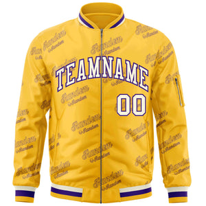 Custom Gold Cream-Purple Letter Full-Zip Varsity Bomber Jacket