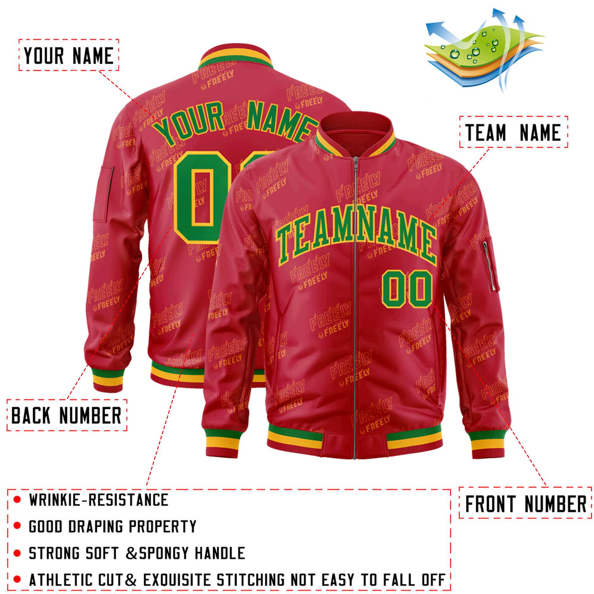 Custom Red Kelly Green-Gold Letter Full-Zip Varsity Bomber Jacket