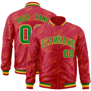 Custom Red Kelly Green-Gold Letter Full-Zip Varsity Bomber Jacket