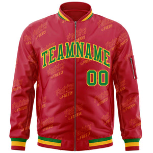 Custom Red Kelly Green-Gold Letter Full-Zip Varsity Bomber Jacket