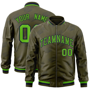 Custom Olive Green-Navy Letter Full-Zip Varsity Bomber Jacket