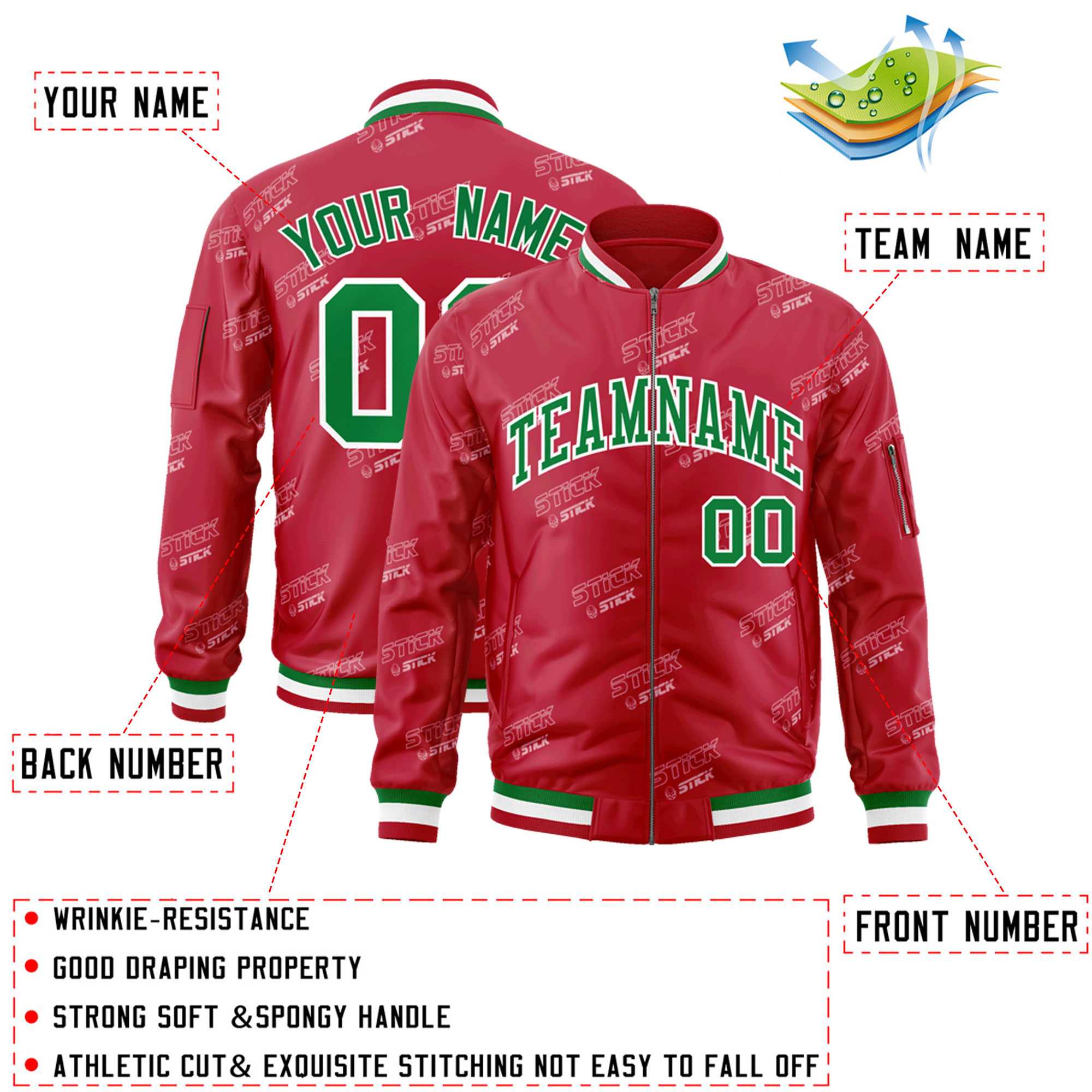 Custom Red Kelly Green-White Letter Full-Zip Varsity Bomber Jacket