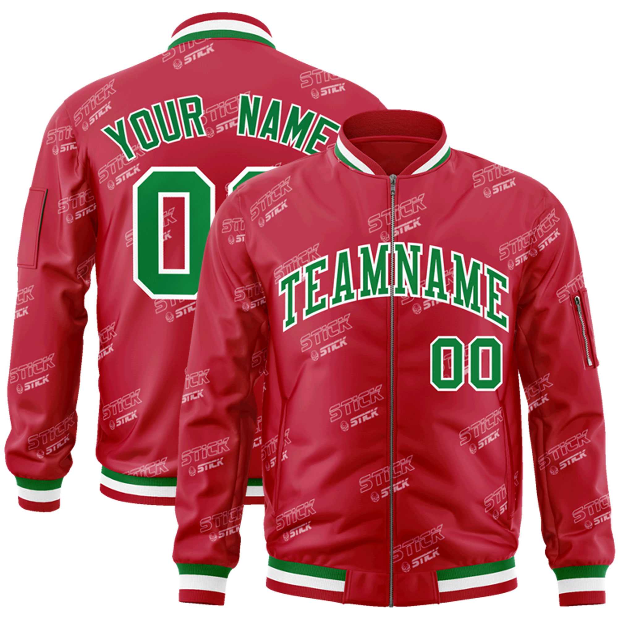 Custom Red Kelly Green-White Letter Full-Zip Varsity Bomber Jacket