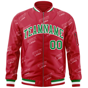 Custom Red Kelly Green-White Letter Full-Zip Varsity Bomber Jacket