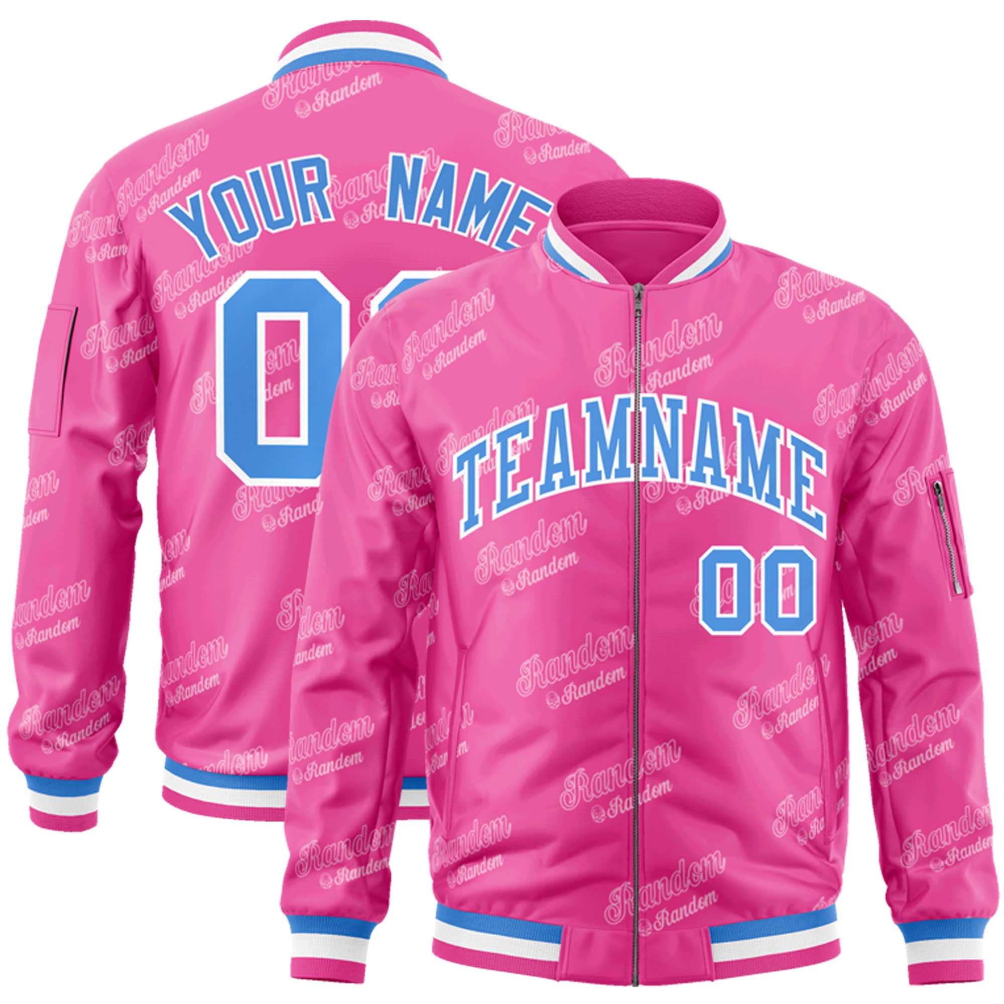 Custom Pink Powder Blue-White Letter Full-Zip Varsity Bomber Jacket