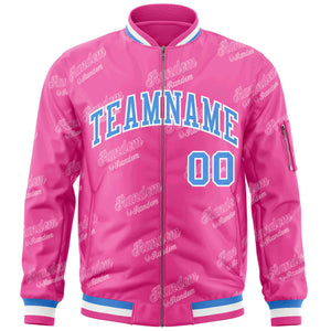 Custom Pink Powder Blue-White Letter Full-Zip Varsity Bomber Jacket