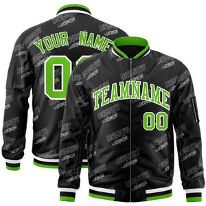 Custom Black Green-White Letter Full-Zip Varsity Bomber Jacket