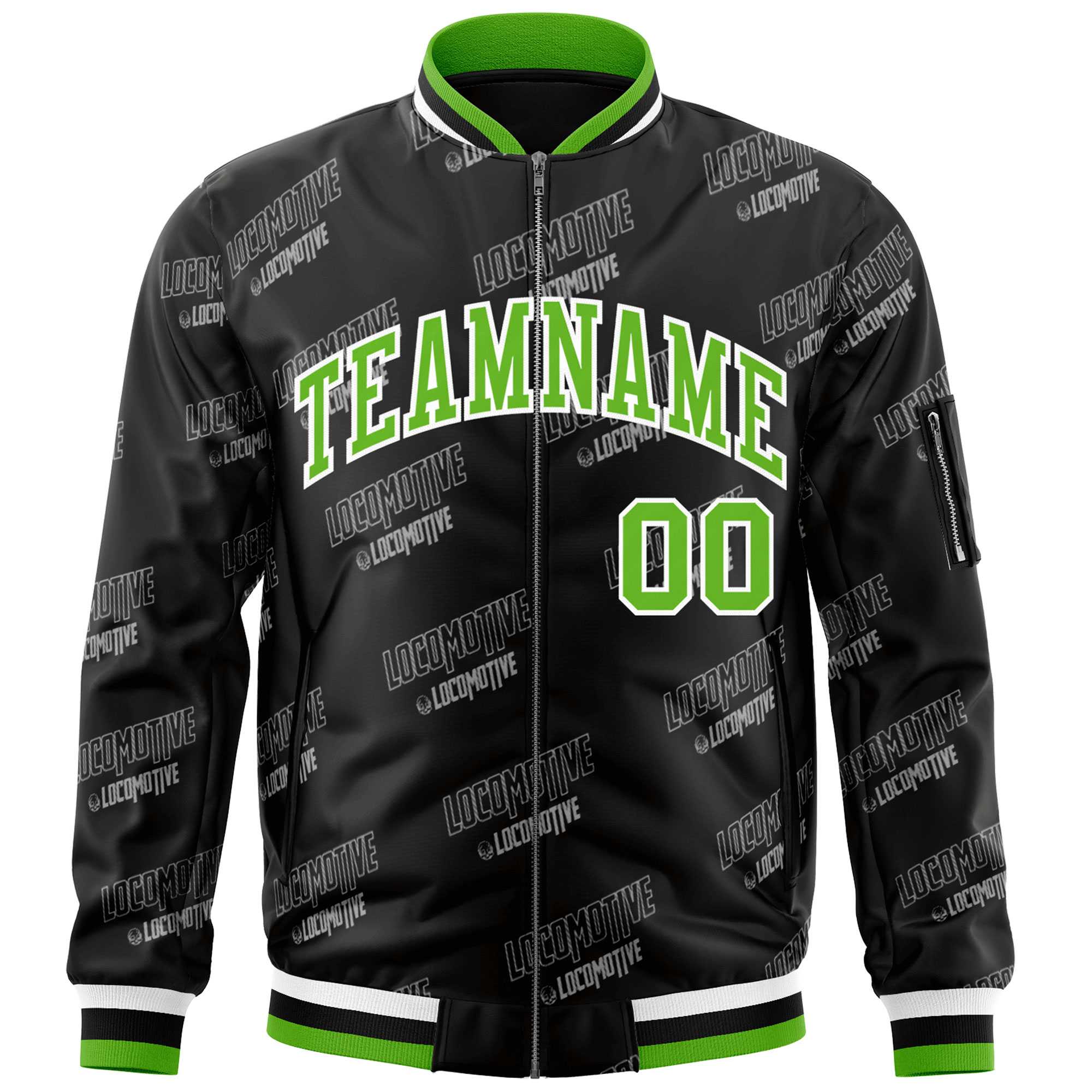 Custom Black Green-White Letter Full-Zip Varsity Bomber Jacket