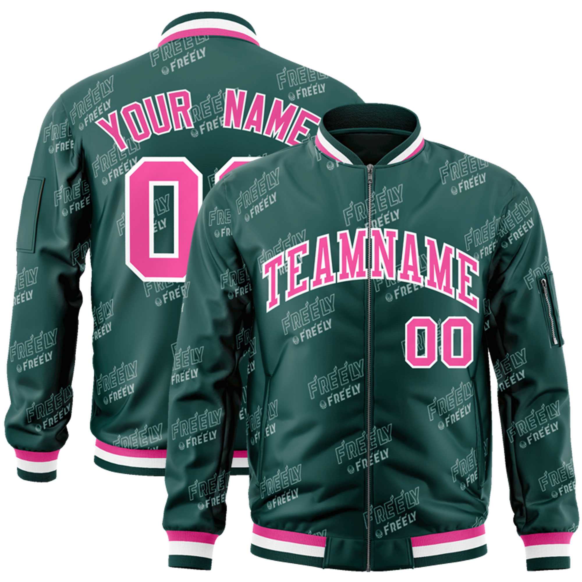 Custom Midnight Green Pink-White Letter Full-Zip Varsity Bomber Jacket