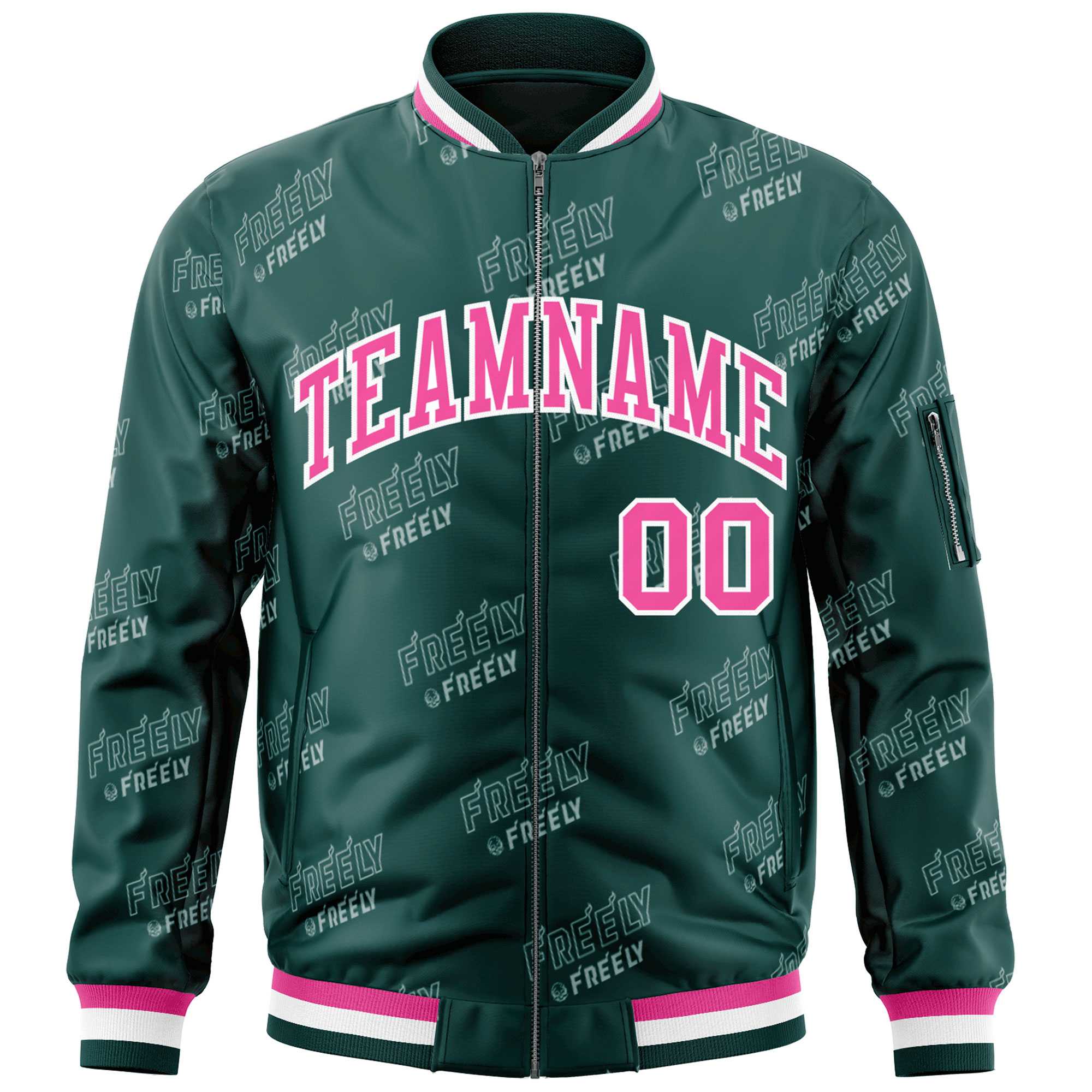 Custom Midnight Green Pink-White Letter Full-Zip Varsity Bomber Jacket