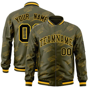 Custom Olive Black-Gold Letter Full-Zip Varsity Bomber Jacket