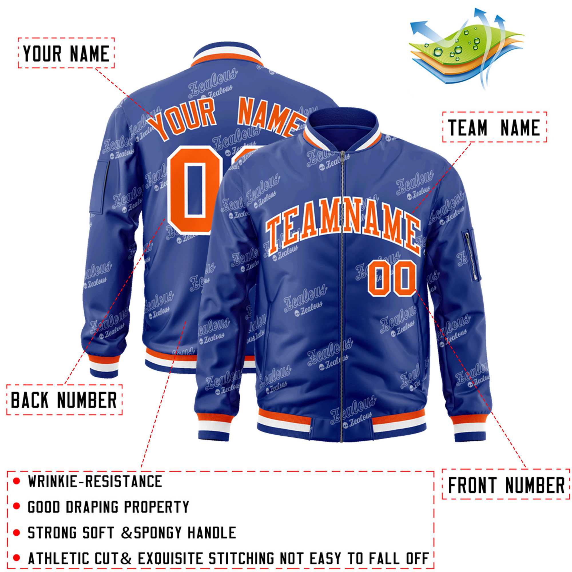 Custom Royal Orange-White Letter Full-Zip Varsity Bomber Jacket