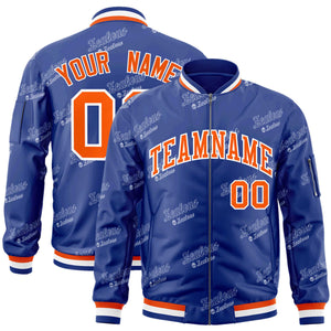 Custom Royal Orange-White Letter Full-Zip Varsity Bomber Jacket